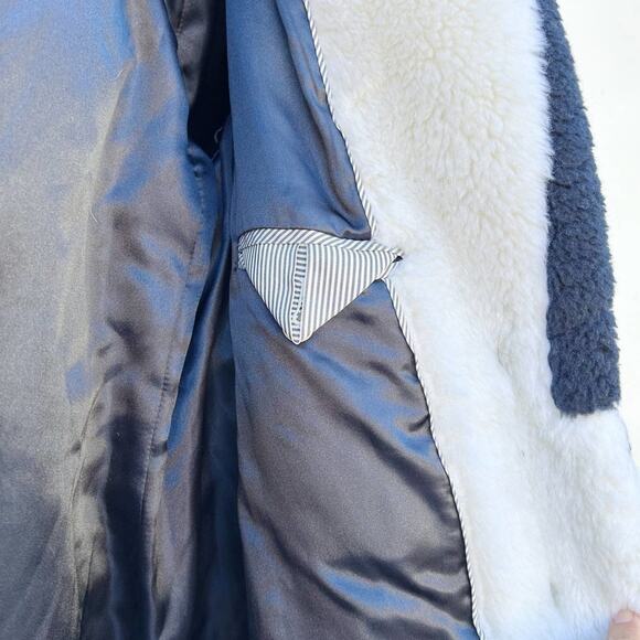 J. Crew Yuma Teddy Sherpa Trench Striped Fuzzy Cream Navy Coat Jacket XS - Picture 10 of 12